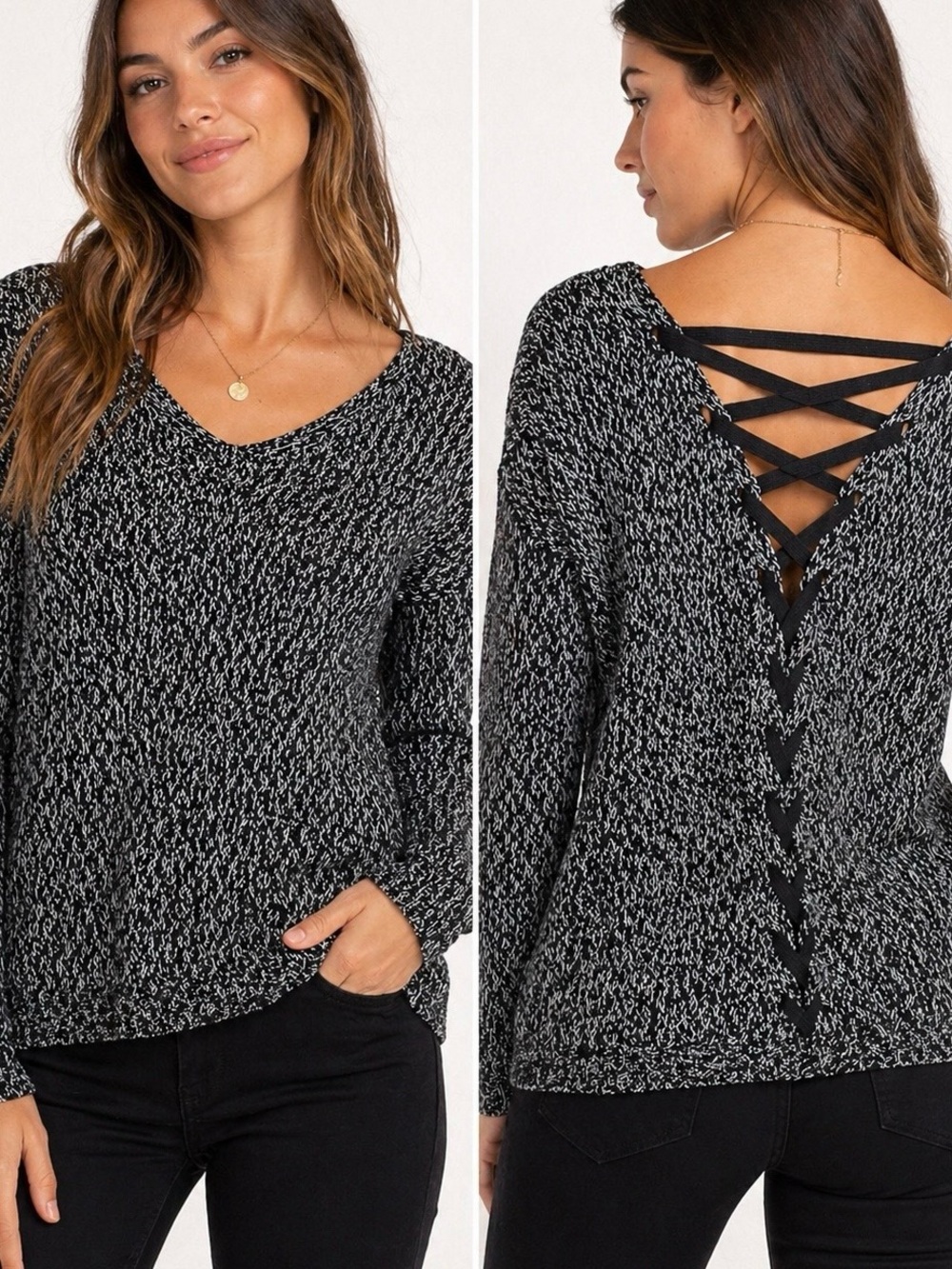No Brand Black Gray Heathered Lightweight Lace Back Sweater Medium ( approx)